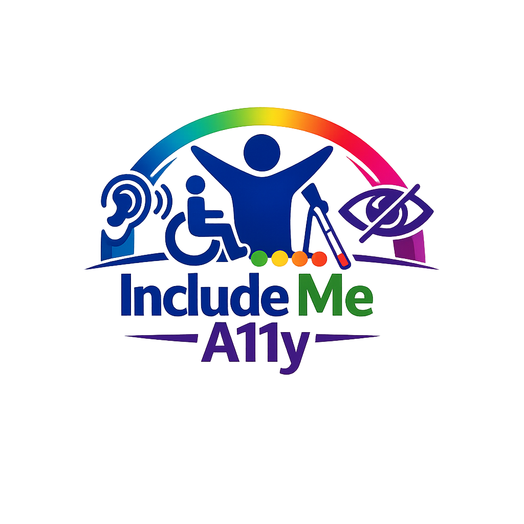 Colorful accessibility graphic showing icons for hearing, mobility, and visual disabilities surrounding a central figure under a rainbow with text Include Me A11y.